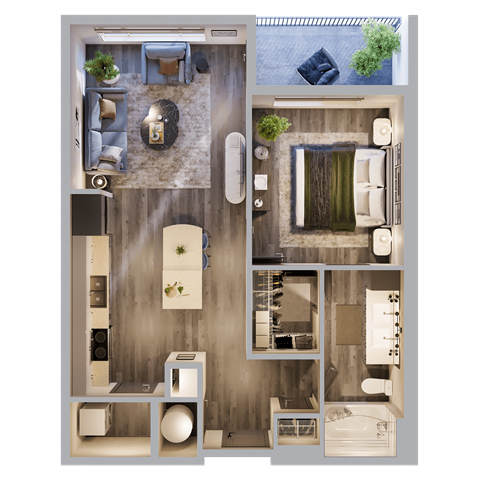 Floor plan for 1 bed, 1 bath, 741 sqft